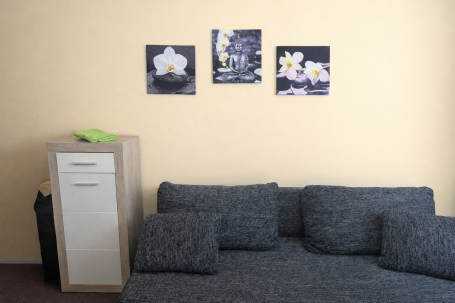 Gemütliche Ecke mit grauem Sofa, weißem Schrank und Pflanzenbildern an der Wand.
